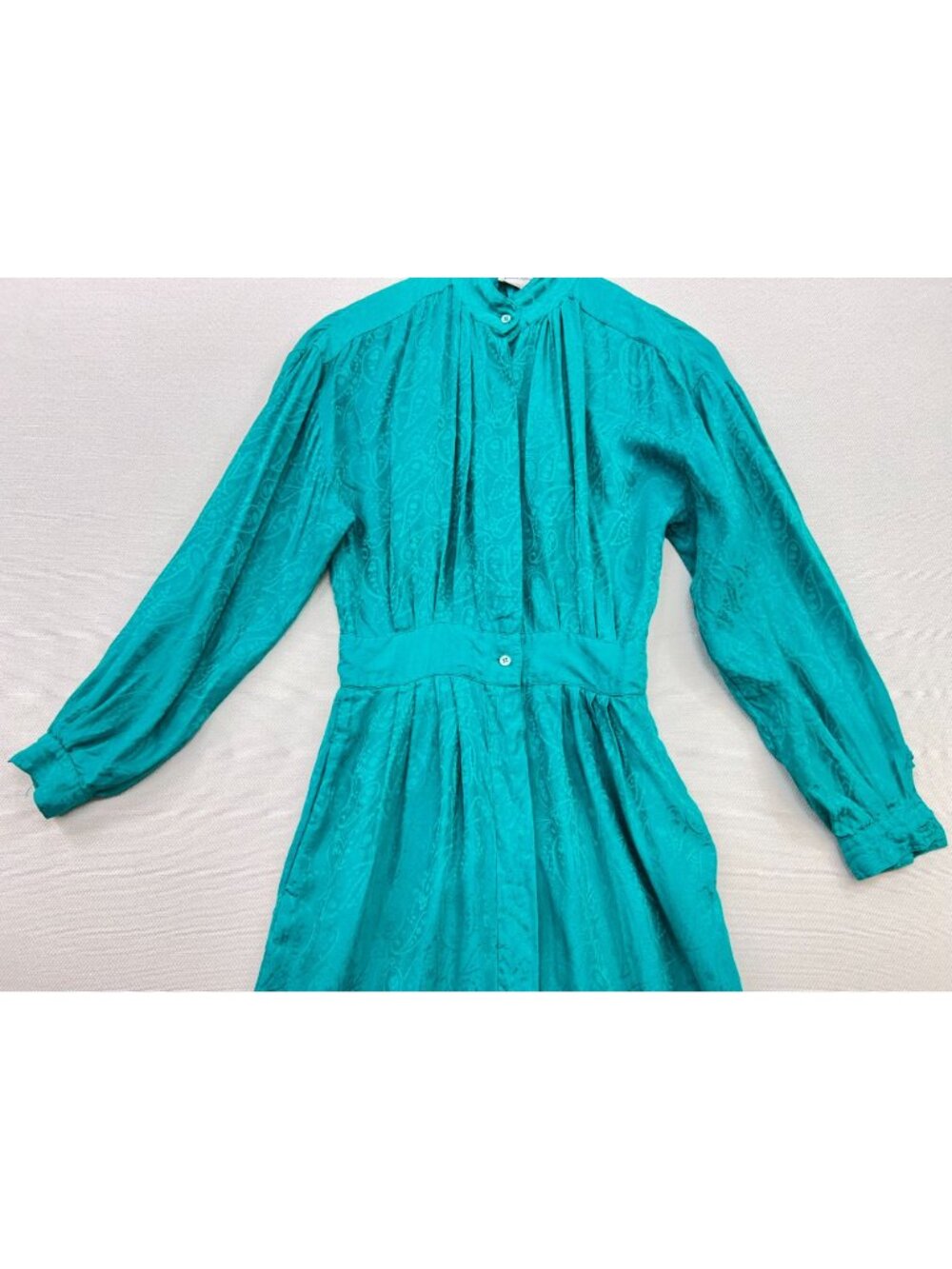 Vintage Neiman Marcus Women's Silk Button-Front Midi Dress Sz 6 Teal Paisley - Picture 4 of 12